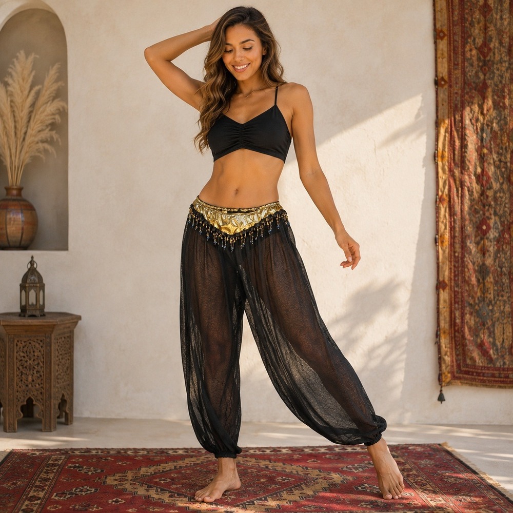 Hanky Panky Harem Pants Womens 12 Black Gold Sheer Mesh Beaded Fringe Bellydance